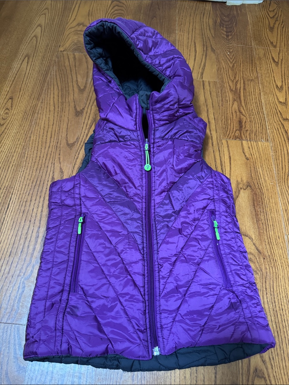 Ivivva Girls' Quilted Hooded Vest in Purple with Lime Accents